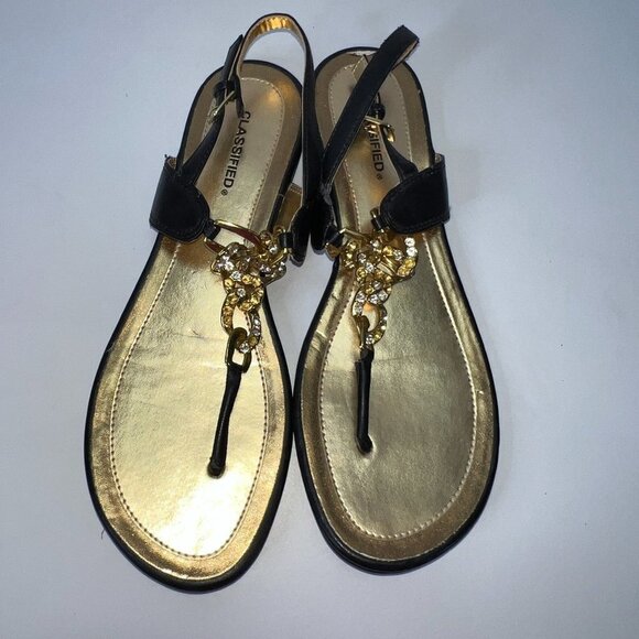 𝅺CLASSIFIED Gold & Black Rhinestone Chain Sandals 8 - Picture 1 of 2